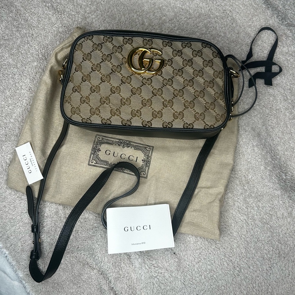 Gucci marmont gg canvas camera crossbody bag tan and black with gold hardware
